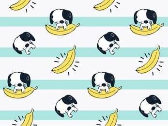 seamless pattern, cute baby dog cartoon with banana on striped background illustration vector.