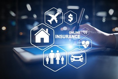 online insurance on virtual screen. life, car, property, health and family. internet and digital technology concept.