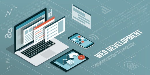 web development and coding: laptop with virtual interactive screens and mobile devices