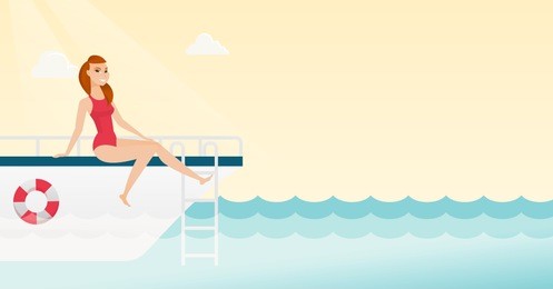 young caucasian white woman tanning on the front of the yacht. happy woman travelling by yacht. woman resting during summer trip on the yacht. vector cartoon illustration. horizontal layout.