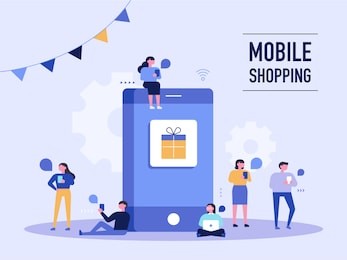  people who do mobile shopping in front of huge cell phones. vector illustration flat design