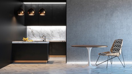 kitchen black minimalistic interior with table chair lamp marble floor concrete wall. 3d render illustration mock up.