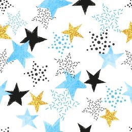 seamless stars pattern. vector background with watercolor blue and glittering golden stars.