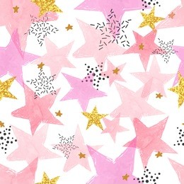 seamless stars pattern. vector background with watercolor pink and glittering golden stars.