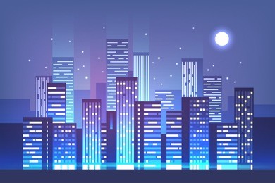 night city skyline with neon lights. modern city. vector illustration.