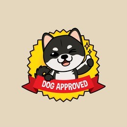 cute cartoon character design black shiba inu dog on badge design action thumb up , dog approved symbols ,flat style, guarantee vector illustration
