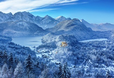 view of the valley and the castle hohenschwangau