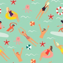 summertime seamless pattern. cartoon characters. hand drawn vector illustration.