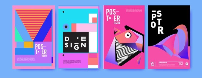 abstract colorful collage poster design template. cool geometric and fluid cover design. blue, yellow, red, orange, pink and green background. vector banner poster template in eps10.