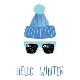hand drawn vector illustration of a knitted hat, sunglasses with snowflakes reflected inside the lenses, text hello winter. isolated objects on white background. design concept for change of seasons.