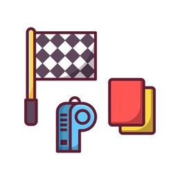 basketball, football or soccer referee equipment. arbiter icon set. sport umpire elements. referee whistle, red and yellow penalty cards and flag. arbitrator objects in line art.