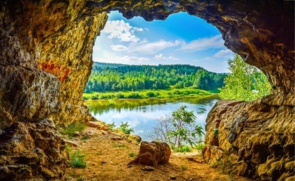 view from mountain forest river cave landscape