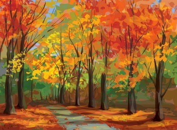 vector of autumn landscape, pathway in park.