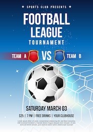 football league tournament poster vector illustration, soccer ball in goal net with blue sky.