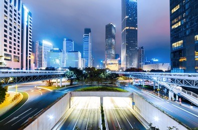 night scenes, skyscrapers and highways in guangzhou, china