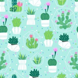 vector seamless pattern with succulents and cactuses in pots and terrariums. perfect for wallpaper, gift paper and summer greetings.
