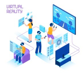 virtual reality isometric composition with people in headsets immersing in vr world holding motion controllers vector illustration 