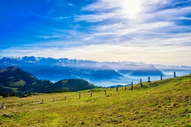 panorama view from rigi mountains at lake lucern and village brunnen. view from rigi switzerland