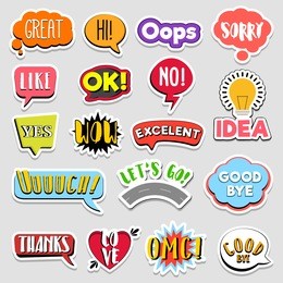 set of flat design social network stickers with notes. vector illustrations for online communication, networking, social media, chat, web design, mobile message, marketing material.