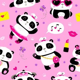 vector cartoon style cute girl panda punchy pastel pink seamless pattern