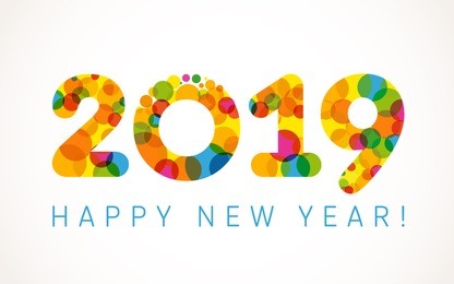 2019 a happy new year xmas greetings. holidays colored background, bubbles shape pattern. funny digits, isolated numbers template. percent % off idea, colored letter o, 0 zero null symbol.