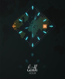 vector card, banner. the clock in the dark glows due to luminescent backlight. orange color indicates the time of the earth hour.
