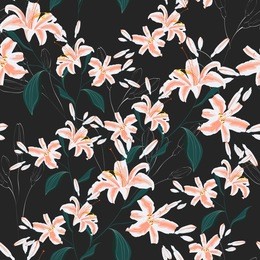 trendy floral pattern with orange lilies flowers. spring, summer seamless pattern, printing with beautiful flowers. dark background.