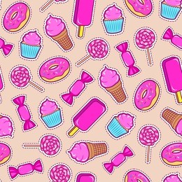 seamless pattern with colorful patches. stickers of sweet food: ice cream, candy, donut, cupcake etc on beige background. fashion cool patches and stickers. 