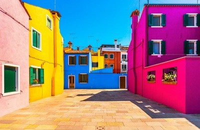 venice landmark, burano island square and colorful houses, italy, europe.