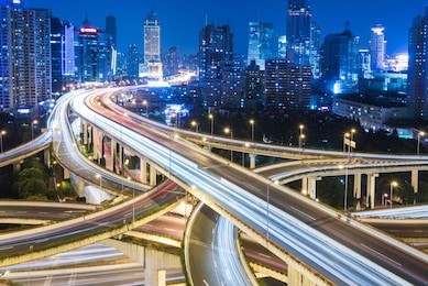 night view of rush-hour traffic in nanpu overpass,elevated view,shanghai,china.