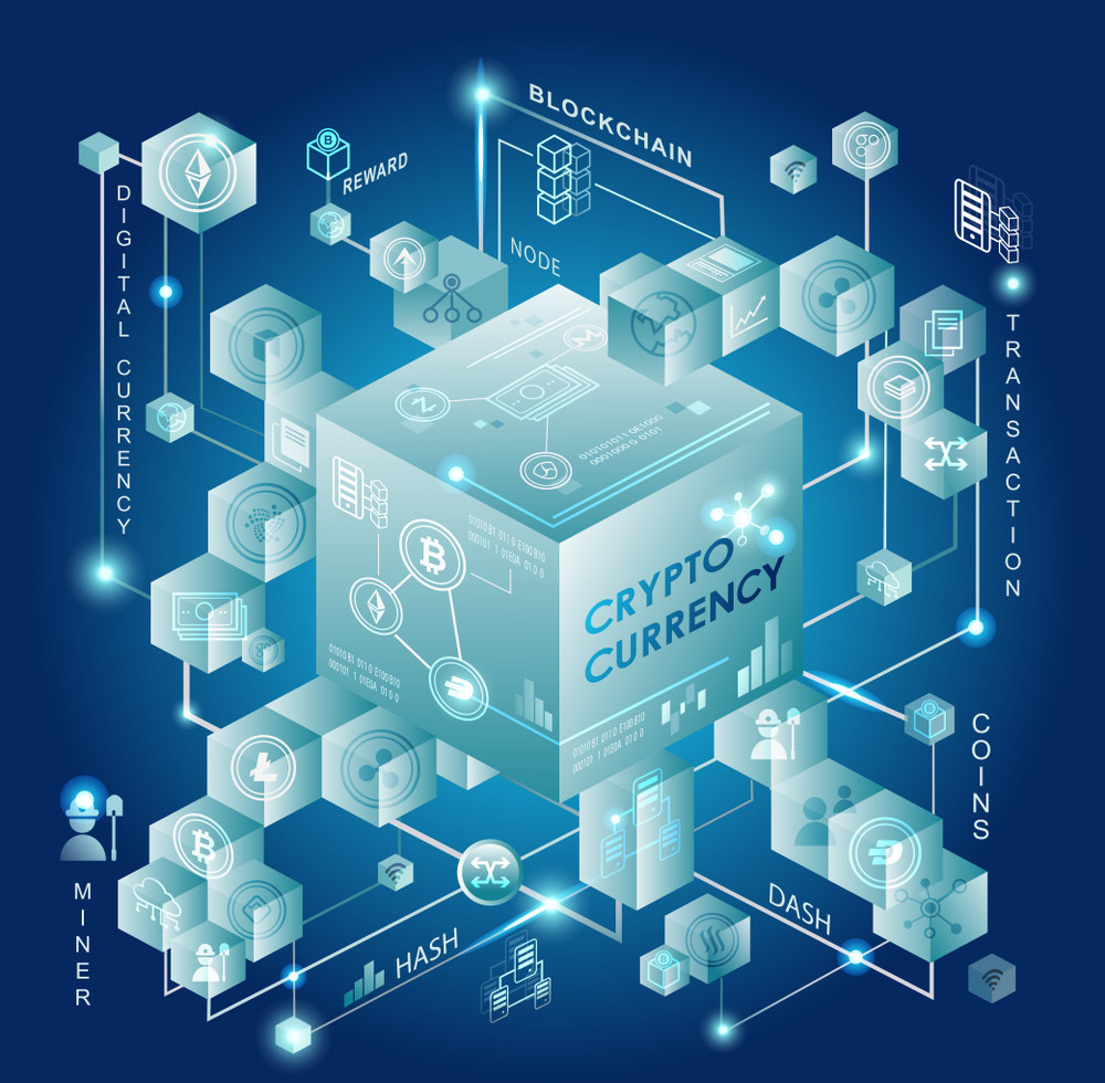 cryptocurrency vector illustration. digital money concept with connected crystal block on blockchain system with blue background, bitcoin icon, dash, ethereum, ledger, hash, transaction and node.