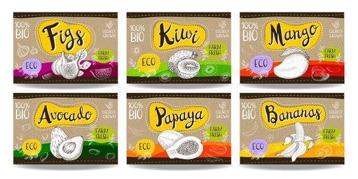 set colorful food labels, sketch style, food fruit labels cardboard texture. figs, kiwi, mango, avocado, papaya, bananas. spices labels, eco bio food, organic product. hand drawn vector illustration.