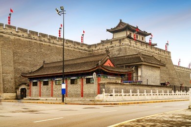 ancient city walls in xi'an, china, landscape at dusk.
