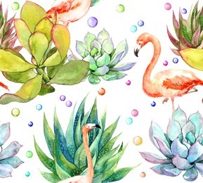 pink flamingo bird in succulents.  repeating floral pattern. watercolor
