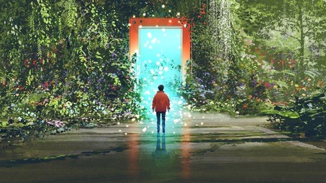 fantasy scenery showing the boy standing in front of the magic gate with glowing blue light in beautiful forest, digital art style, illustration painting