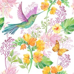 floral seamless pattern with bird hummingbird and butterfly pattern. exotic flowers ornament for textiles. illustration of watercolor on an isolated white  background