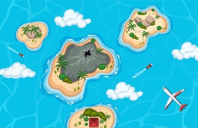 aerial view of island and plane illustration