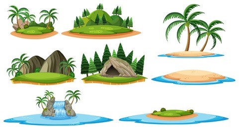 different islands and forest scenes illustration