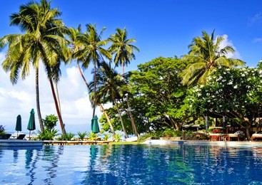 paradise like resort pool with ocean view in the background in one of the fiji islands