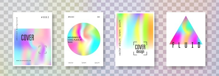 holographic poster set. abstract backgrounds. hipster holographic poster with gradient mesh. 90s, 80s retro style. pearlescent graphic template for placard, presentation, banner, brochure.