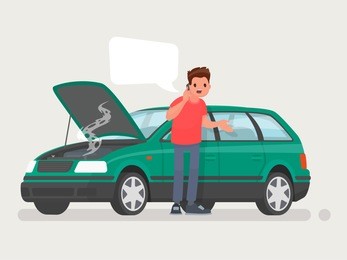 breakdown of the car on the road. a man calls the service to help. vector illustration in a flat style