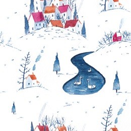 seamless watercolor pattern with a small town, farms, houses, hills.