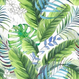 hand drawn colorful seamless pattern with watercolor palm leaves, exotic plants and banana leaves. summer repeated background