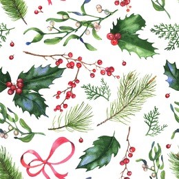 hand-drawn watercolor seamless holiday pattern with different leaves and berries. repeated vintage background. christmas decorative leaves, holly and berries.