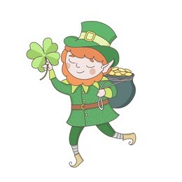 cute young leprechaun in green clothes with a pot of golden coins and clower leaf. saint patrick s day celebration. ireland national folklore character