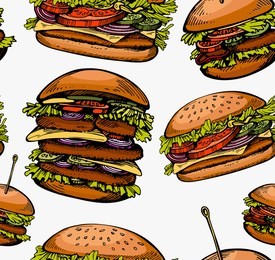 seamless pattern with colorful burgers on the white background