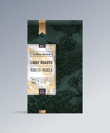 coffee packaging design with hand-drawn illustration of coffee branch & grains. template paper dark green with gold packing with label isolated vector vintage