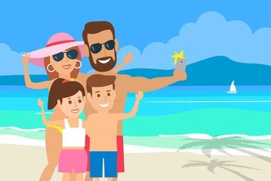 happy family taking selfie photo on tropical beach.summer travel vacation