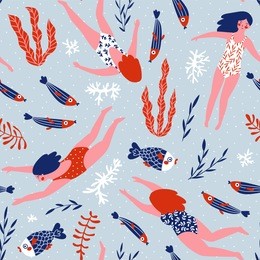 cute hand-drawn repeat pattern design  with  swimming girls, fish and corals. underwater seamless background. vector illustration.