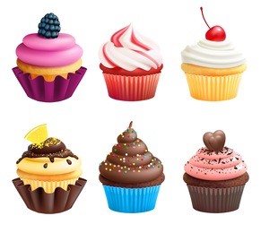realistic vector illustrations of cupcakes. sweets for birthday party. sweet dessert food and birthday yummy cupcake of set